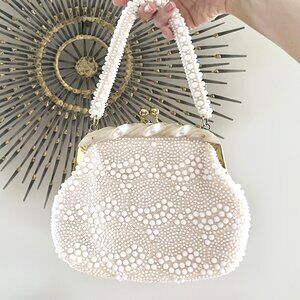 Vintage 60s White Beaded & Lucite Gold Tone Handbag Purse Made in Hong-Kong